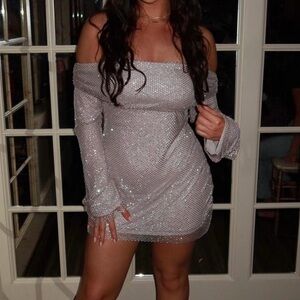 WHITE FOX Sparkly Silver Off-Shoulder Dress